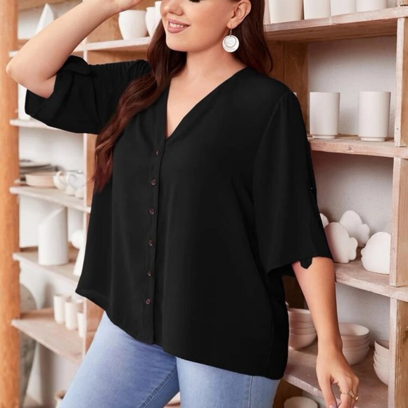 Roll tab mid length sleeves button up v neck boho blouse baby blue - Picture 14 of 14